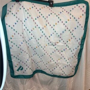 Patterned Silk Scarf with Teal Border